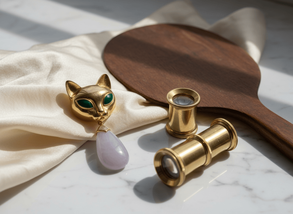 Gold cat brooch and lavender jade pendant on ivory silk beside an auction paddle, evoking a cat jewelry auction.