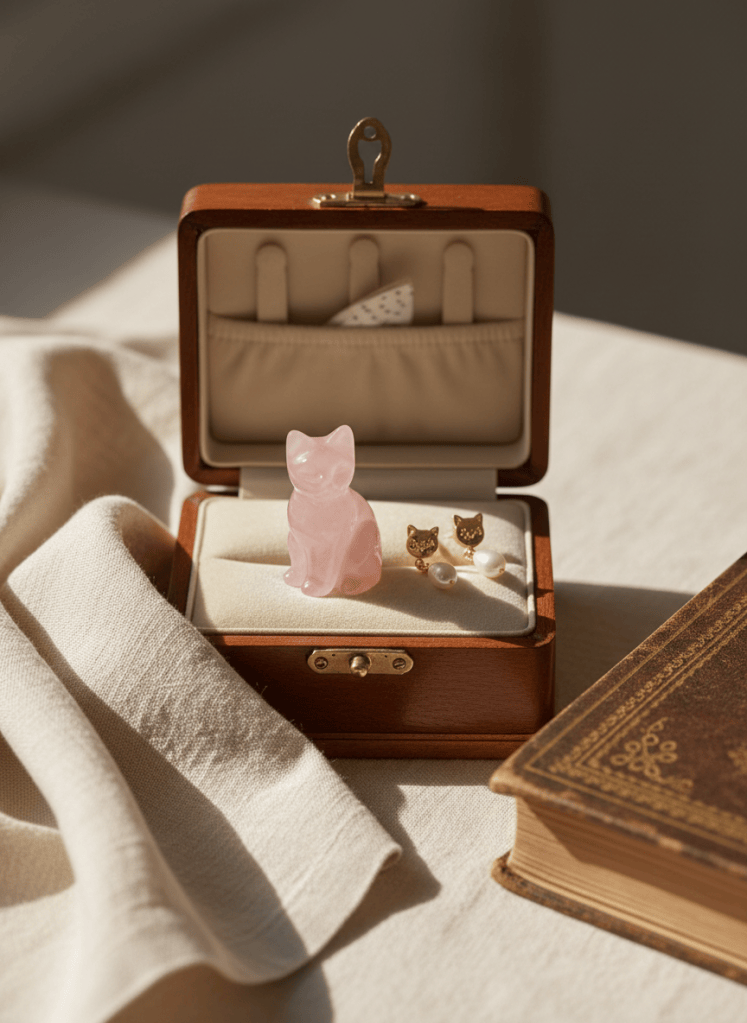 Carved hardstone cat and gold cat earrings with pearls in a jewelry box, a cat jewelry auction still life.