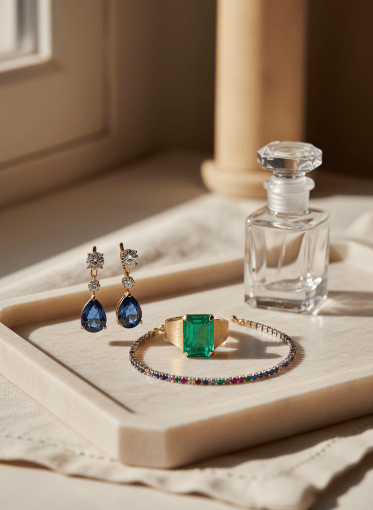 Sapphire drop earrings, emerald ring and gemstone tennis bracelet on a marble vanity tray