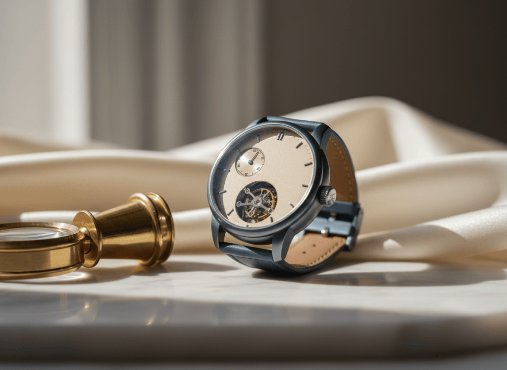 Unbranded tourbillon watch with a champagne dial on ivory silk, illustrating the Grönefeld 1941 Quadrivium story.