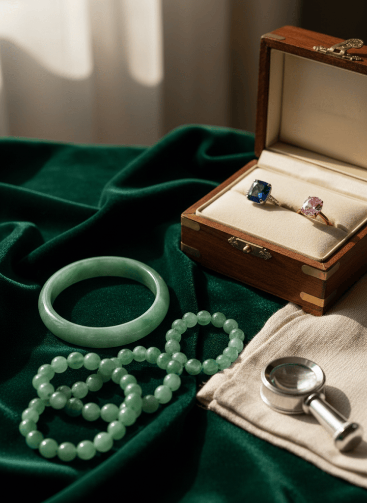Green jadeite beads and bangle on velvet with a sapphire ring, pink diamond ring and loupe