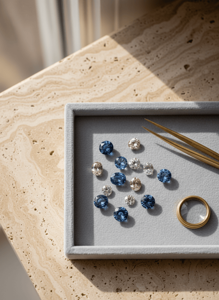 Loose Ceylon sapphires, white diamonds and pink diamonds on a grey velvet gem tray with tweezers.