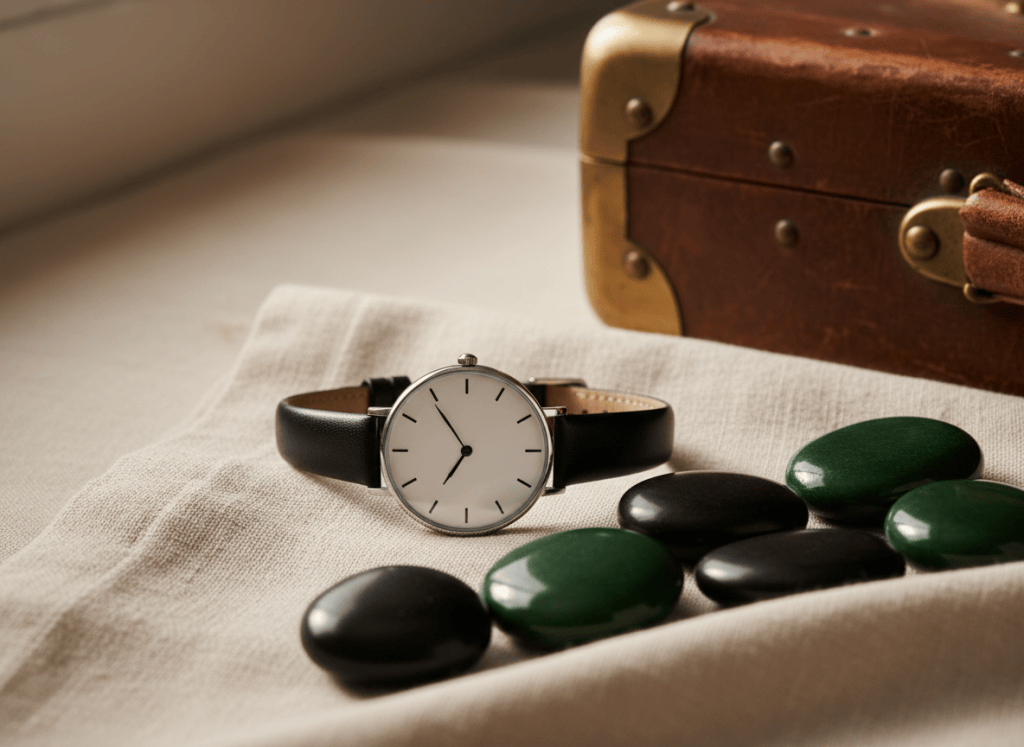 Unbranded white-dial wristwatch beside glossy green and black ceramic pebbles, illustrating the Louis Vuitton Monterey Ceramic.