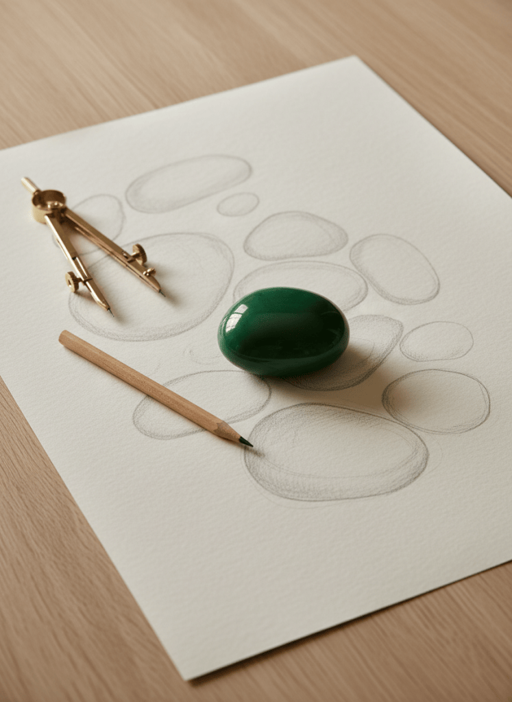 Pencil sketches of rounded watch shapes beside a green ceramic pebble, Louis Vuitton Monterey design story.
