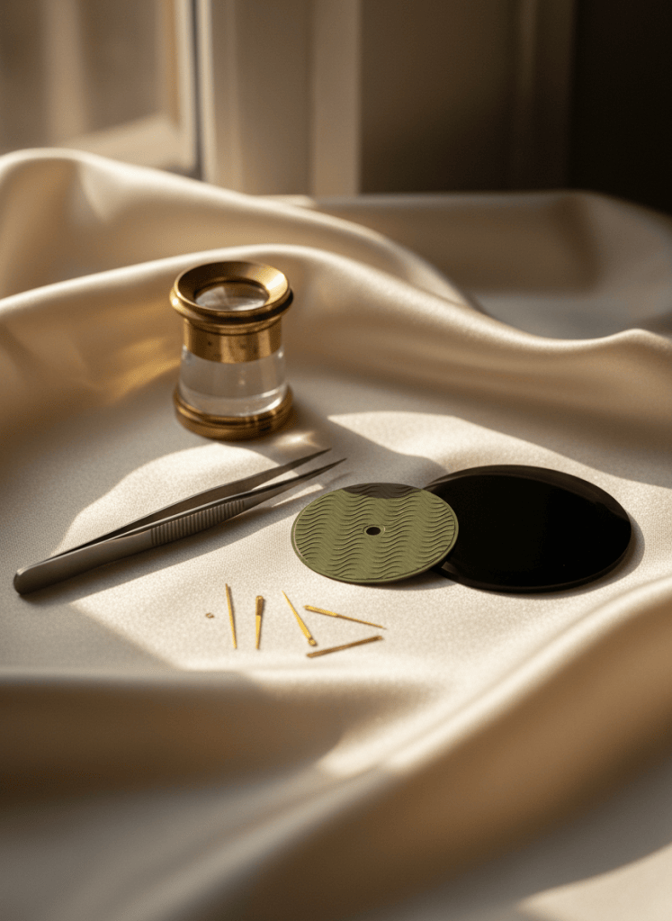 Olive guilloché dial blank, black onyx disc and gold hands for the Minerva Exo Tourbillon.