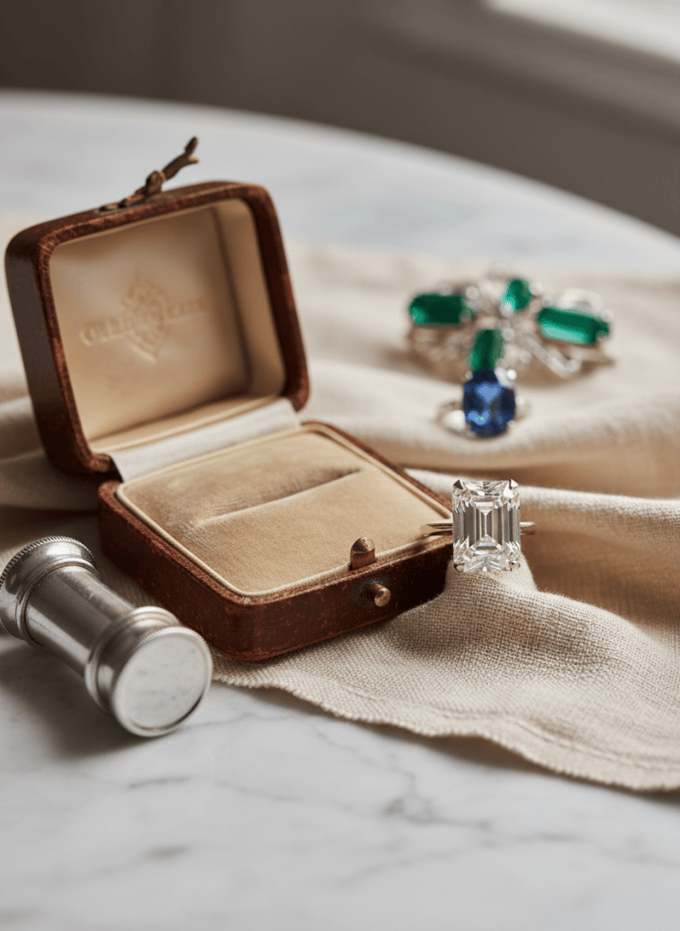 Step-cut diamond ring on cream linen with a loupe, sapphire ring and emerald brooch behind