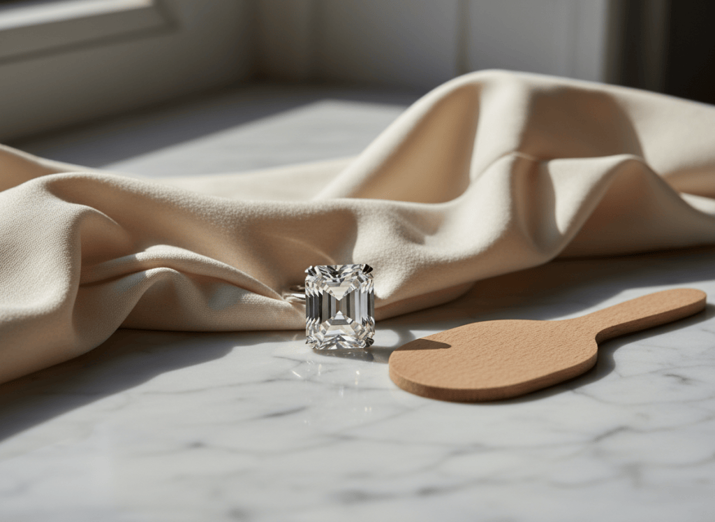 Step-cut diamond ring on ivory silk beside a plain auction paddle in soft light