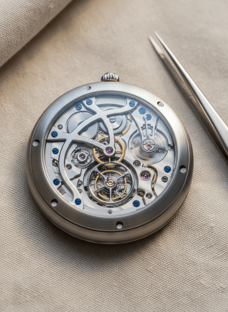 Macro view of an unbranded tourbillon and remontoire watch movement on cream linen with tweezers.