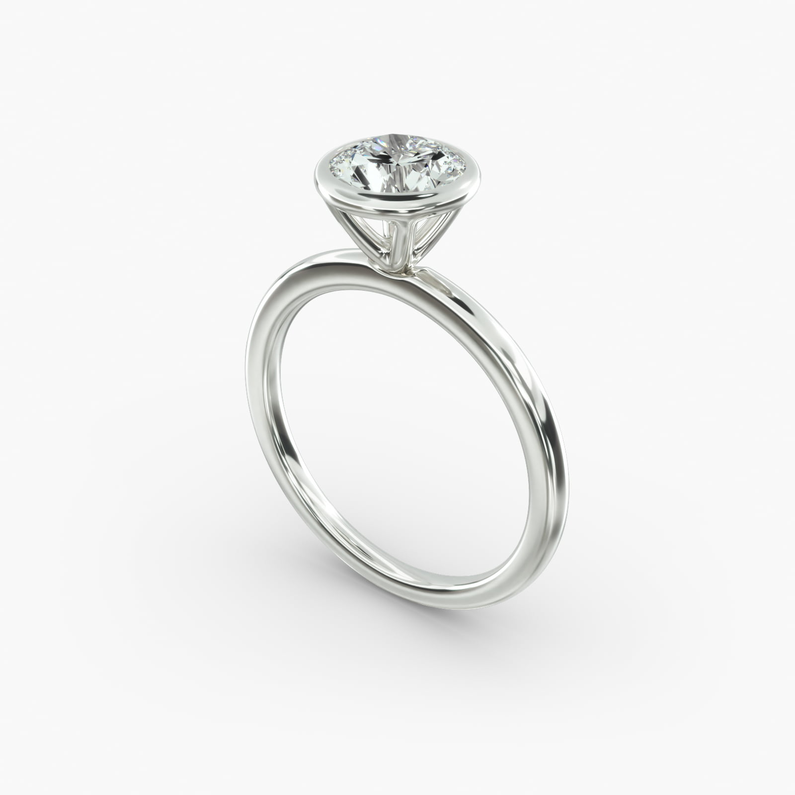 Bezel-set solitaire engagement ring in white metal with a round diamond