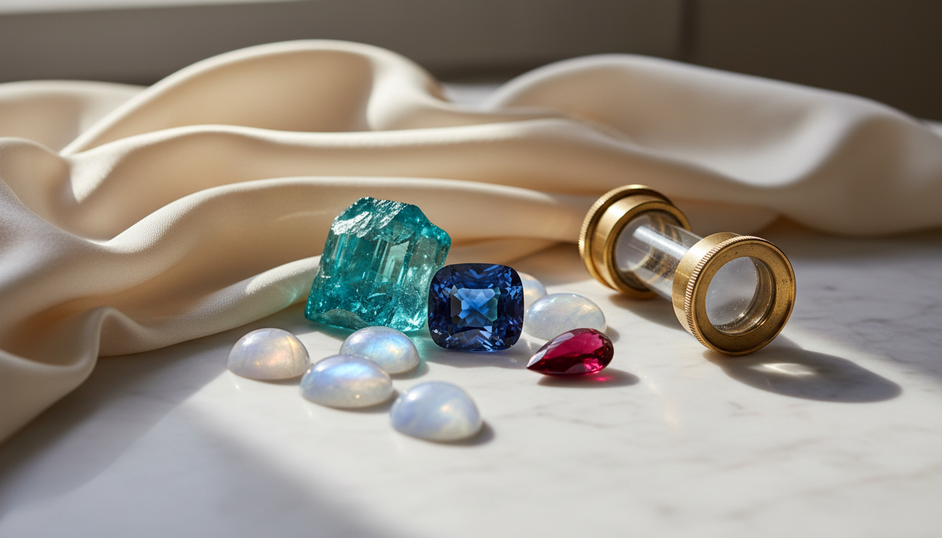 Loose Paraíba-type tourmaline, sapphire, moonstones and spinel on ivory silk beside a jeweler's loupe.