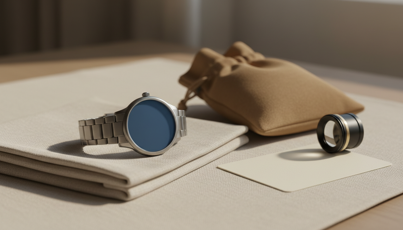 An unbranded steel watch on linen with a travel pouch and loupe, illustrating certified pre-owned watches.
