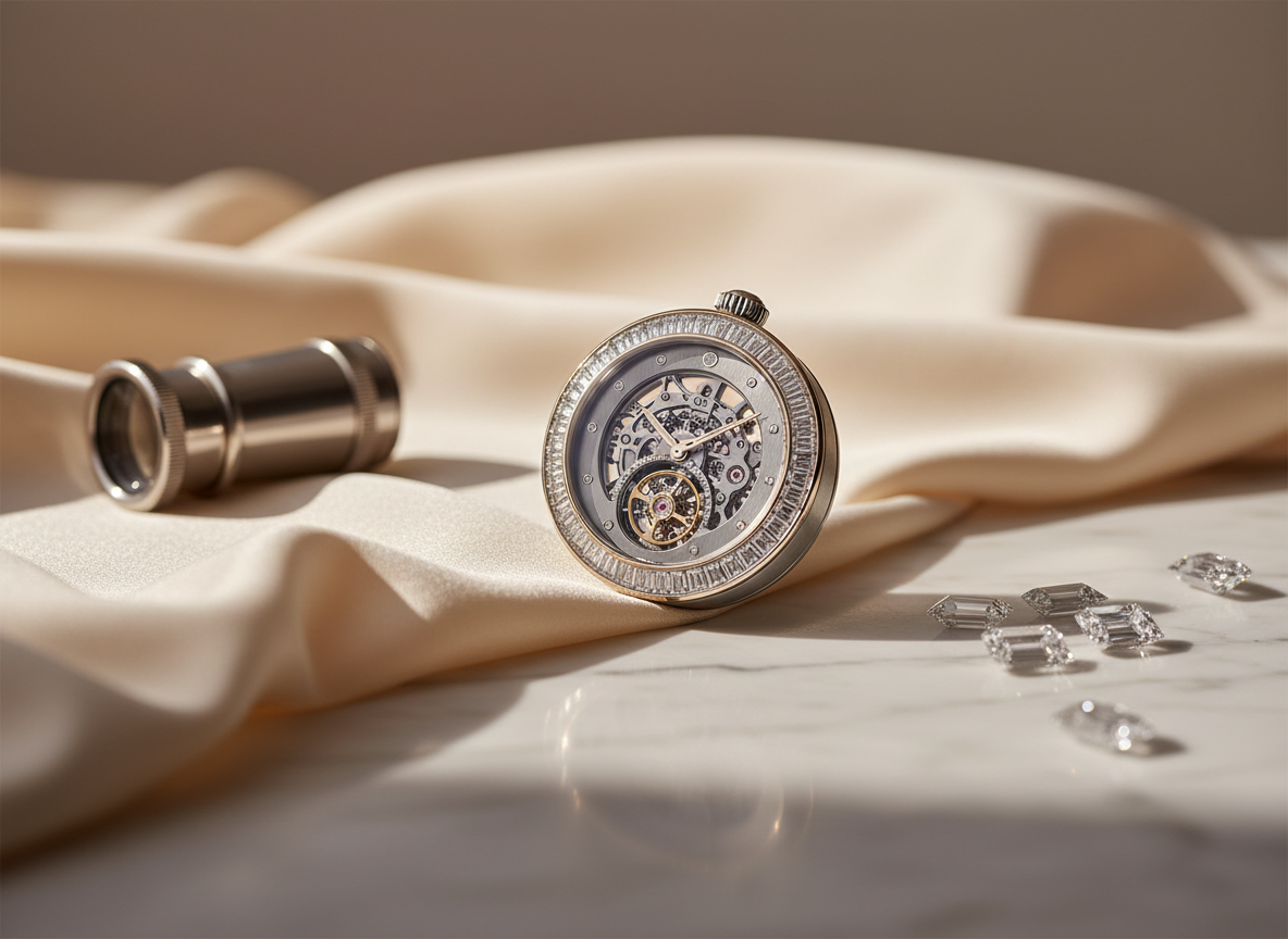 Unbranded diamond-set tourbillon watch on ivory silk, evoking the Bianchet Rotondo UltraFino Diamond.