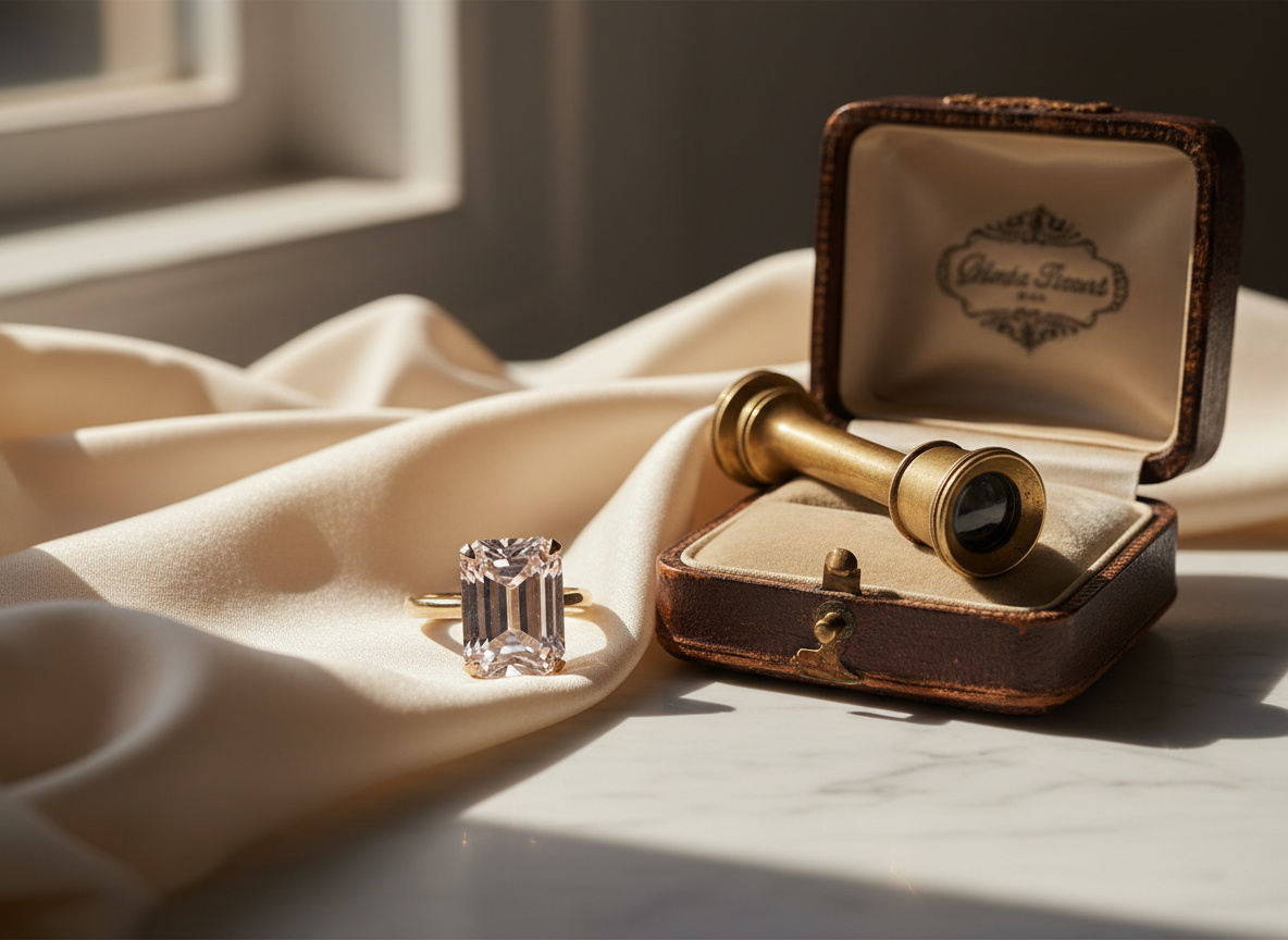 Emerald-cut pink diamond ring on ivory silk beside a vintage jewelry box and loupe.