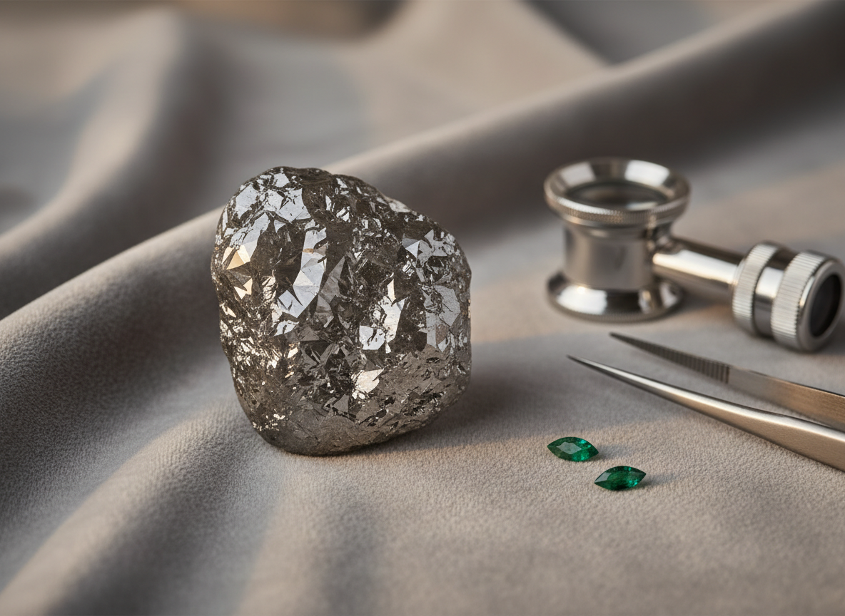Large gray carved diamond on velvet with a loupe and two small green marquise gems.