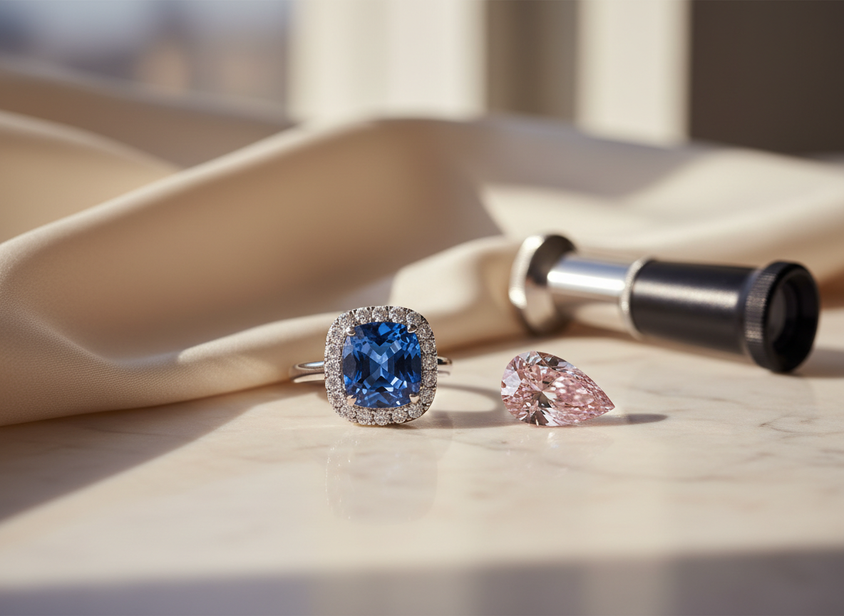 Kashmir-style blue sapphire ring with diamonds on ivory silk beside a loose pink diamond.