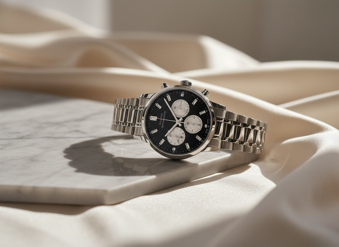 Unbranded platinum chronograph with a black diamond-set dial on a platinum bracelet over ivory silk.
