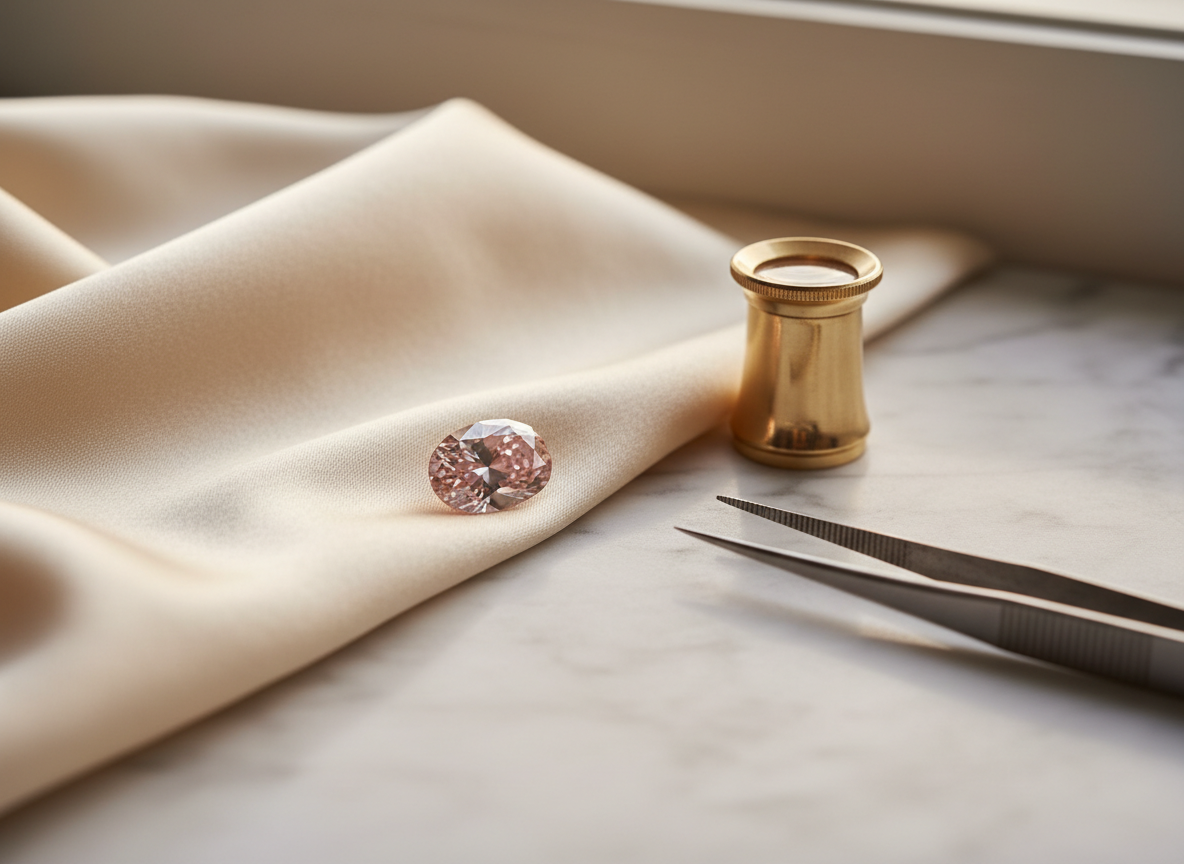 Loose oval pink diamond on ivory silk beside a brass loupe, ahead of a Geneva auction.