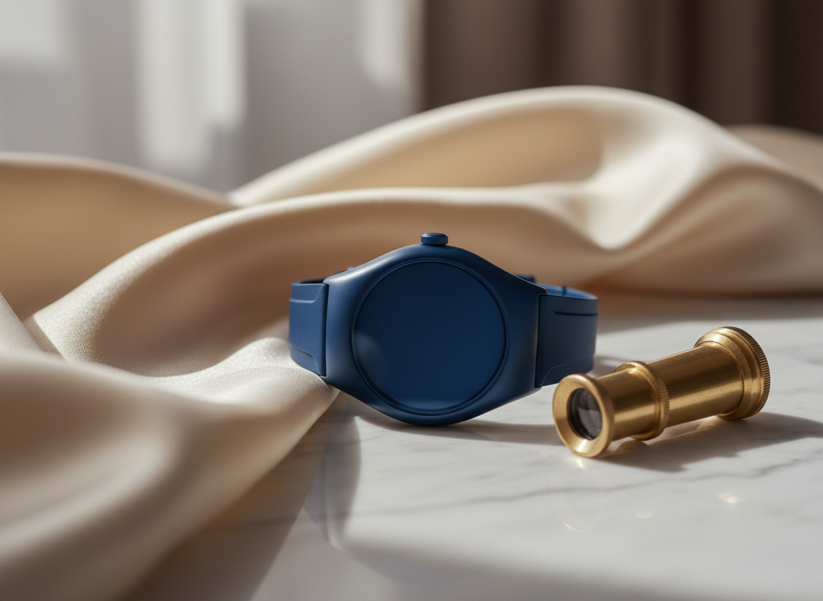 Unbranded deep-blue titanium watch on ivory silk, evoking the oil-filled Ressence Type 10 DN.