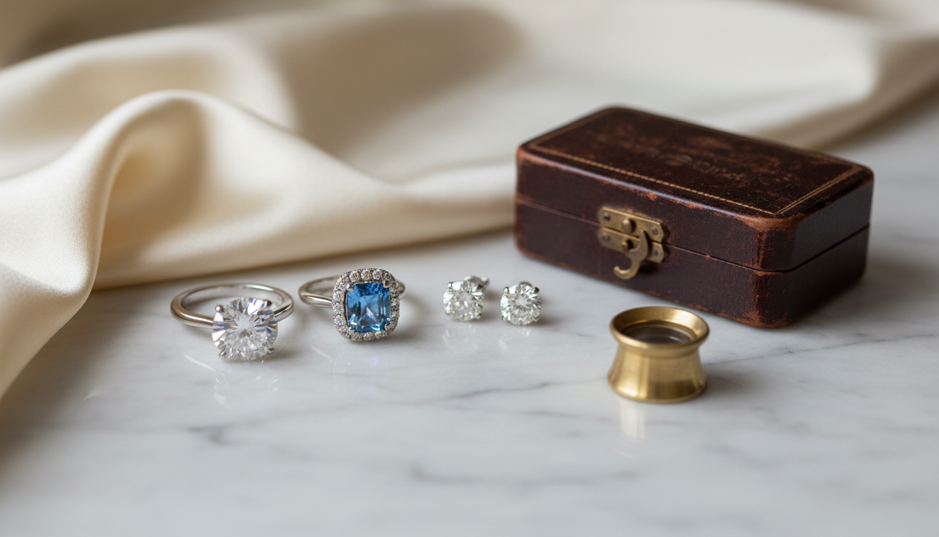 Diamond solitaire and blue sapphire rings on ivory silk, evoking Sotheby's Milan jewelry auction results.