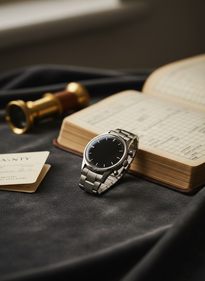 Vintage steel chronograph watch on charcoal velvet with a loupe